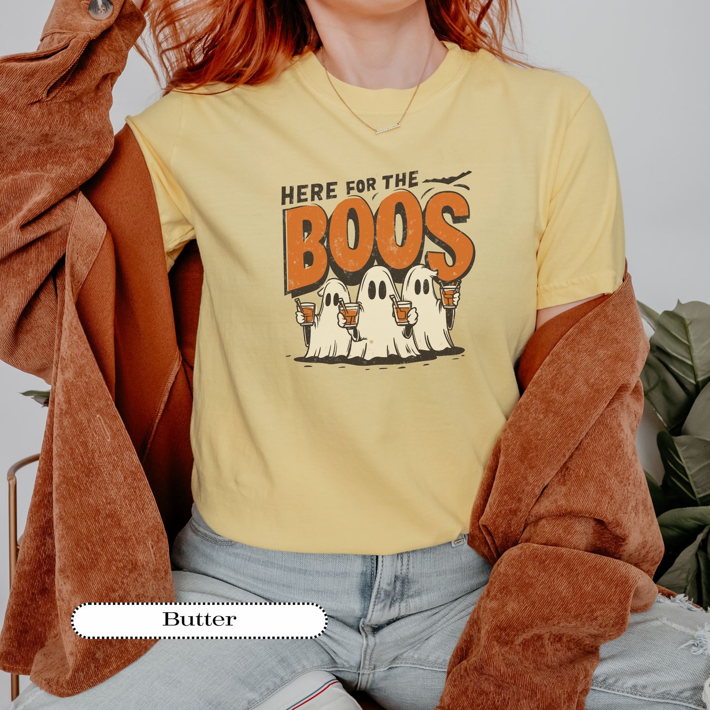 Here for the Boos shirt, retro ghost humor design with punny Halloween vibe.