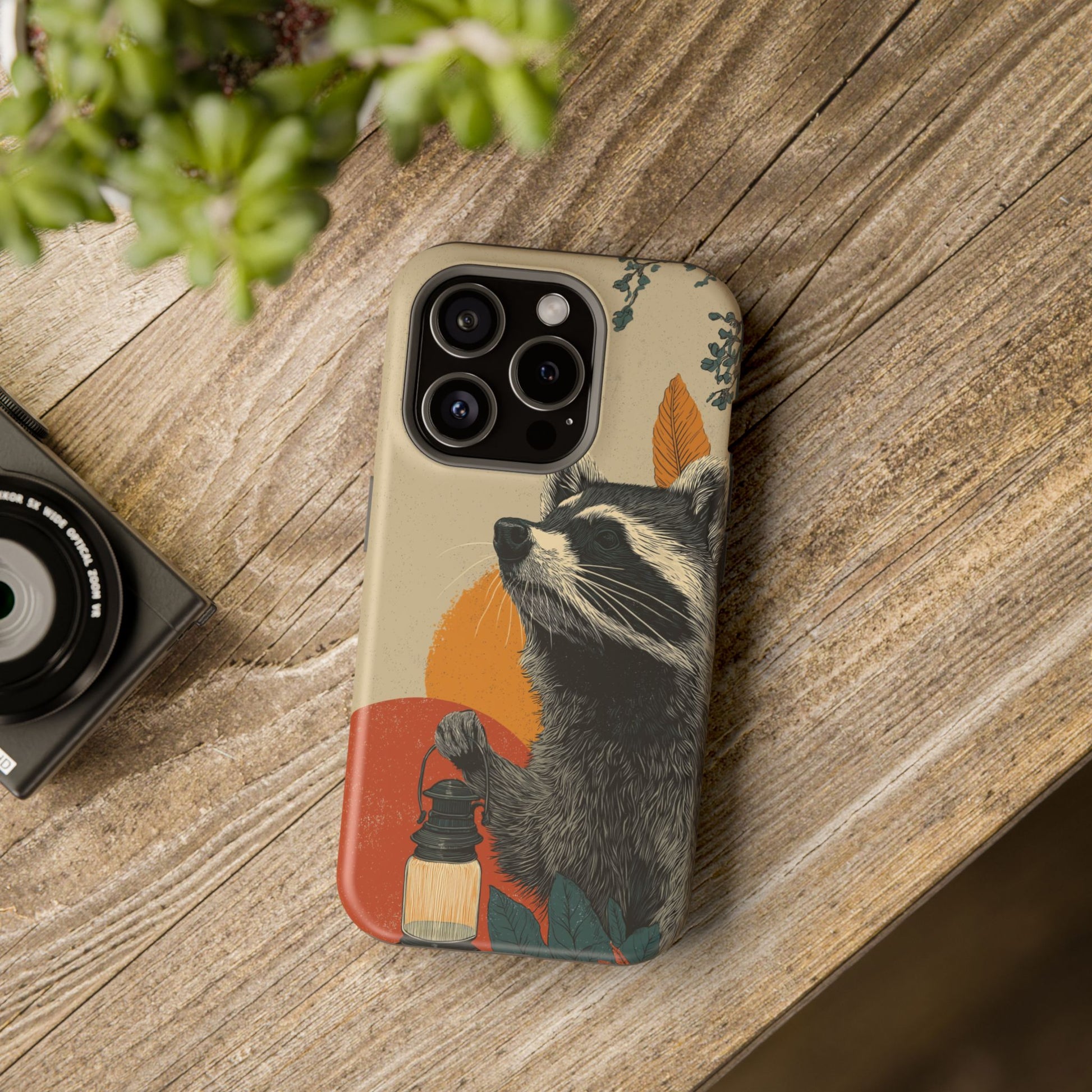 Cute raccoon phone case aesthetic with fall woodland design