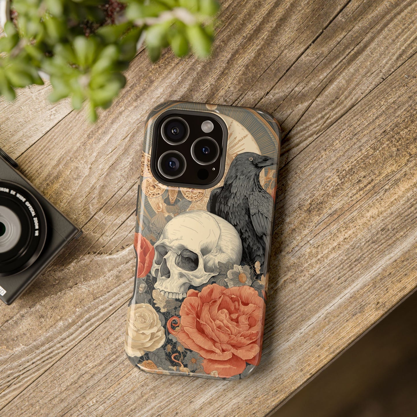 Gothic skull and raven phone case with roses on matte finish