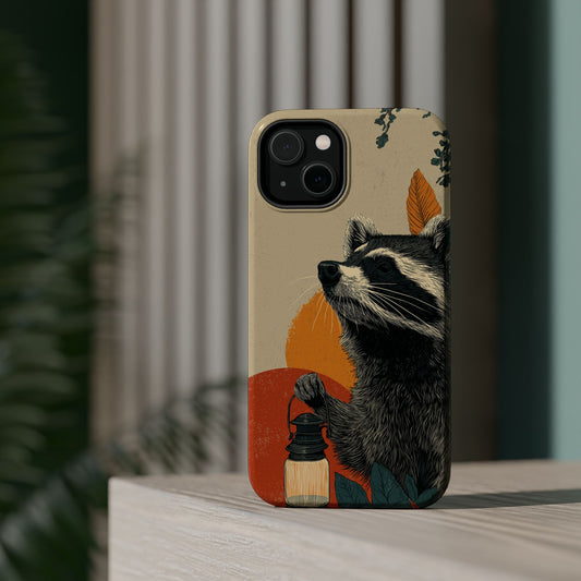 Raccoon phone case with lantern illustration, woodland aesthetic design