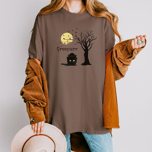 Black cat Halloween shirt with full moon and bats, gothic graphic tee on Comfort Colors cotton.