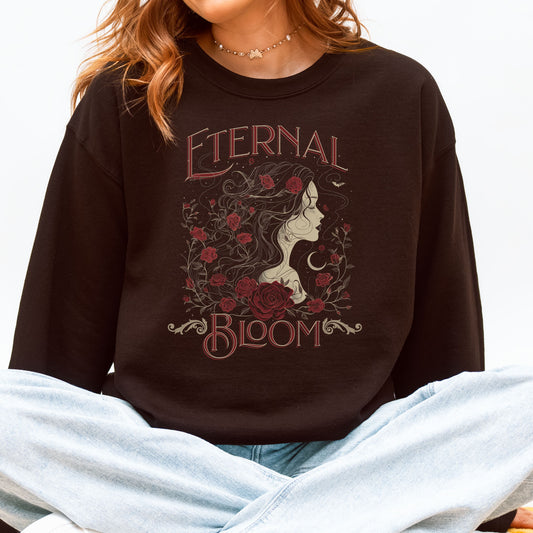 Black crewneck sweatshirt with gothic floral Eternal Bloom artwork