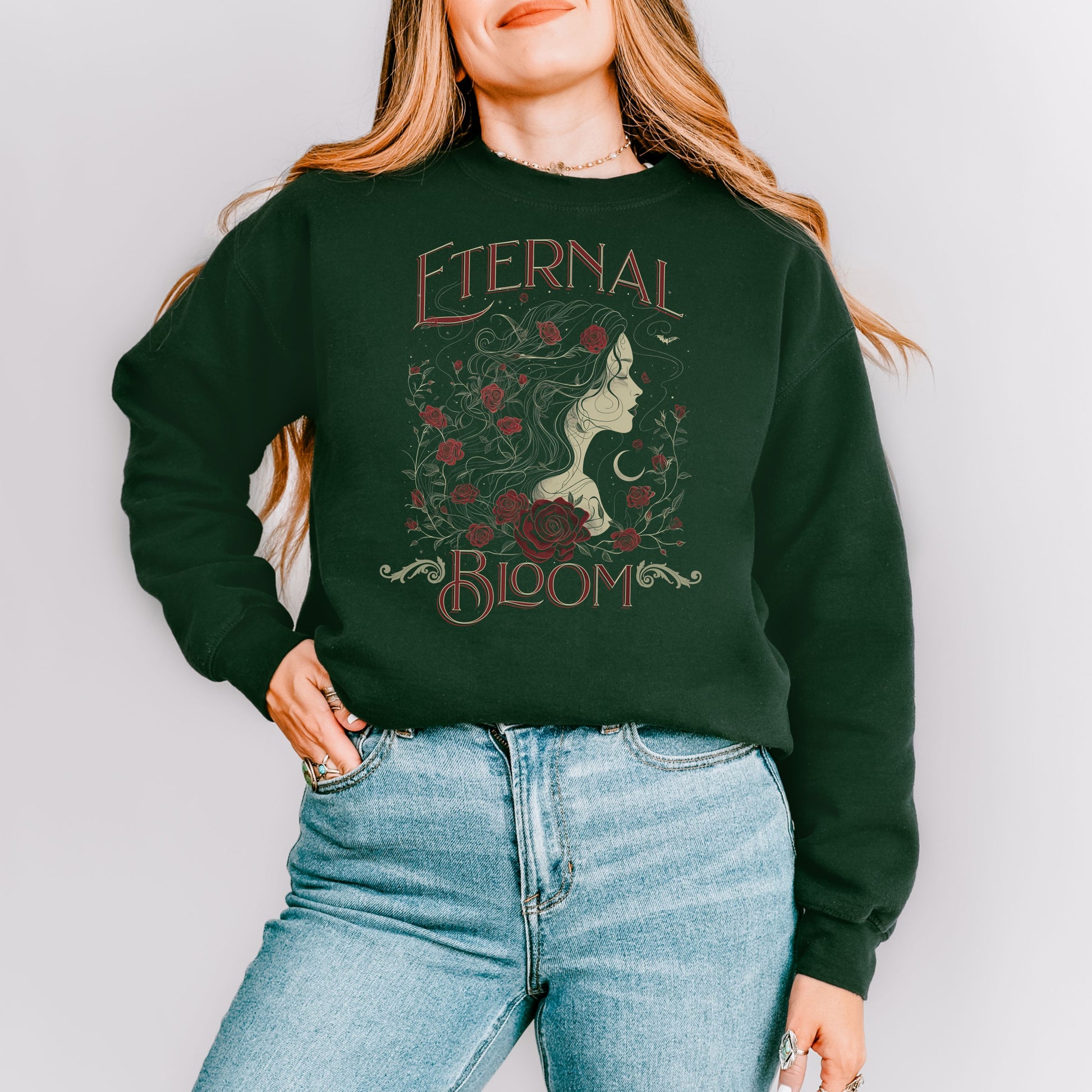Cozy fall sweatshirt with gothic roses and crescent moon design