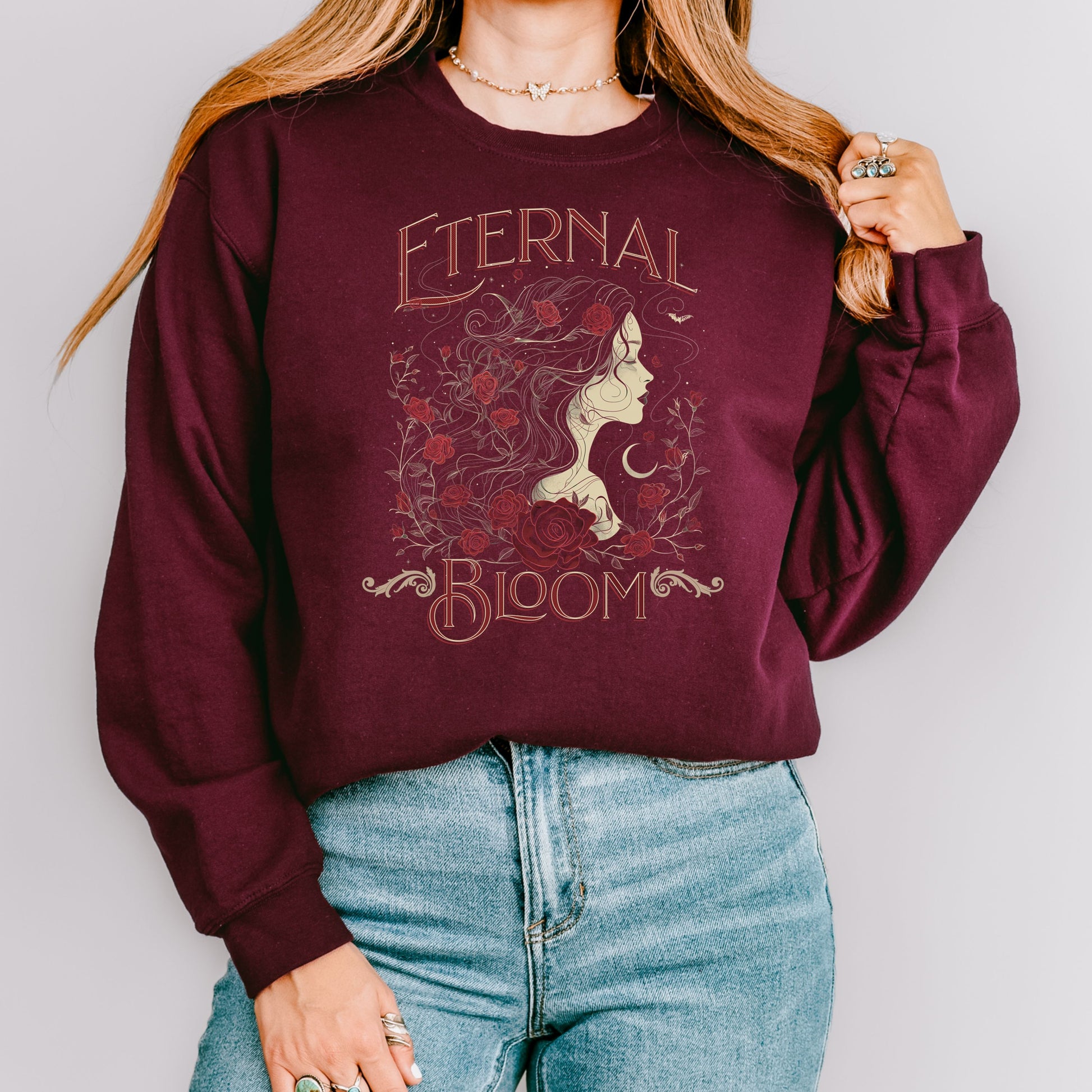 Witchy gothic sweatshirt featuring Eternal Bloom vampiress artwork