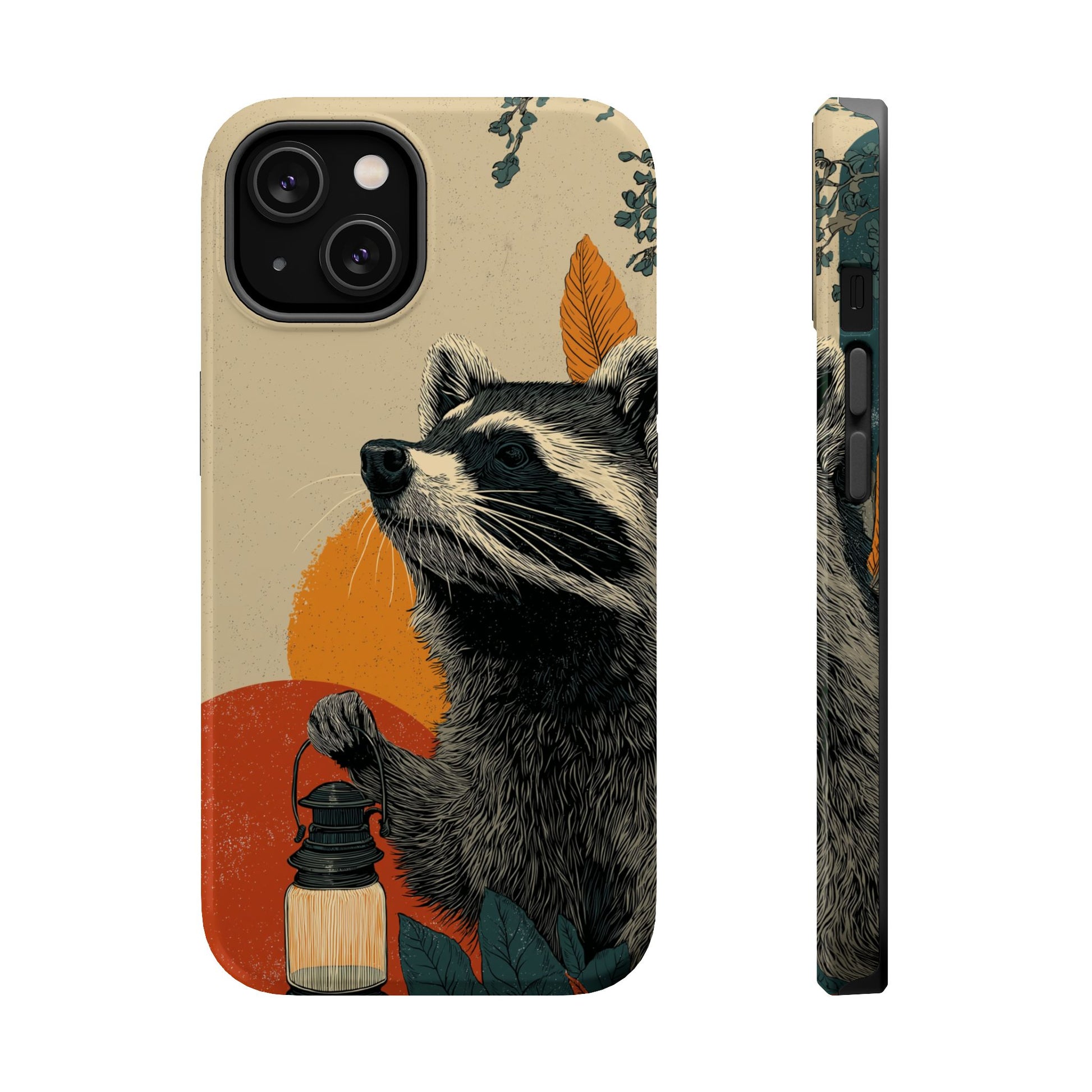 Woodland raccoon phone case styled flat lay with accessories