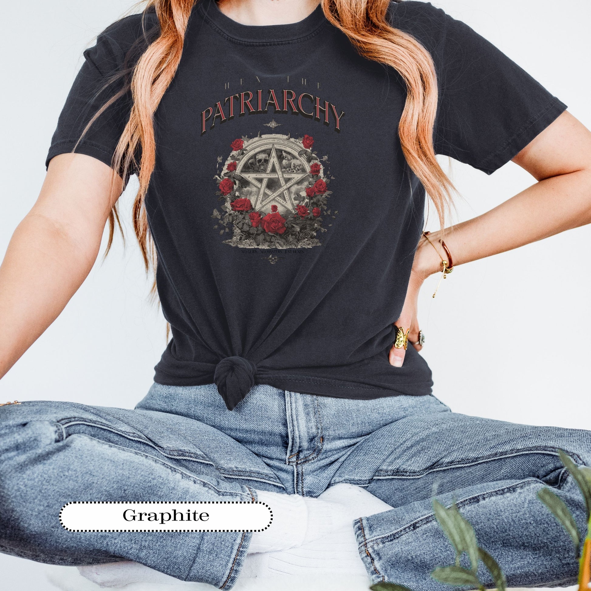 Gothic aesthetic tee with skulls, roses, and occult feminist message