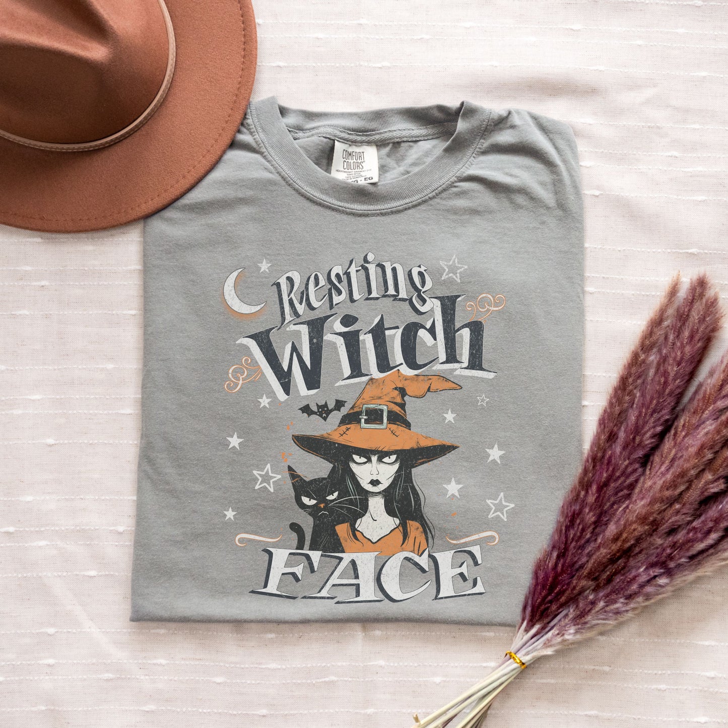 Flat lay of Resting Witch Face shirt – gothic witch graphic tee with attitude.