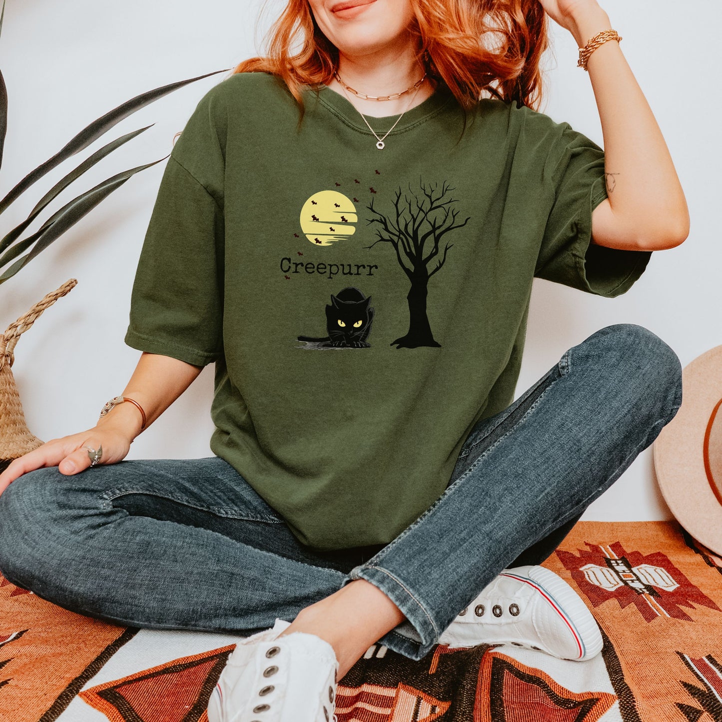 Alternative fashion graphic tee, Halloween cat shirt with bats and vintage retro style.