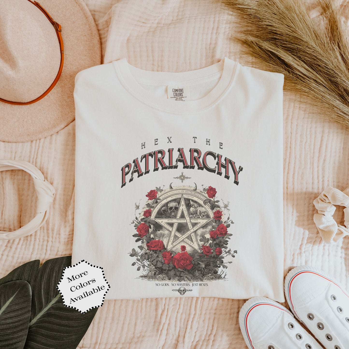 Comfort Colors feminist witch shirt with “Hex the Patriarchy” text and pentagram roses design