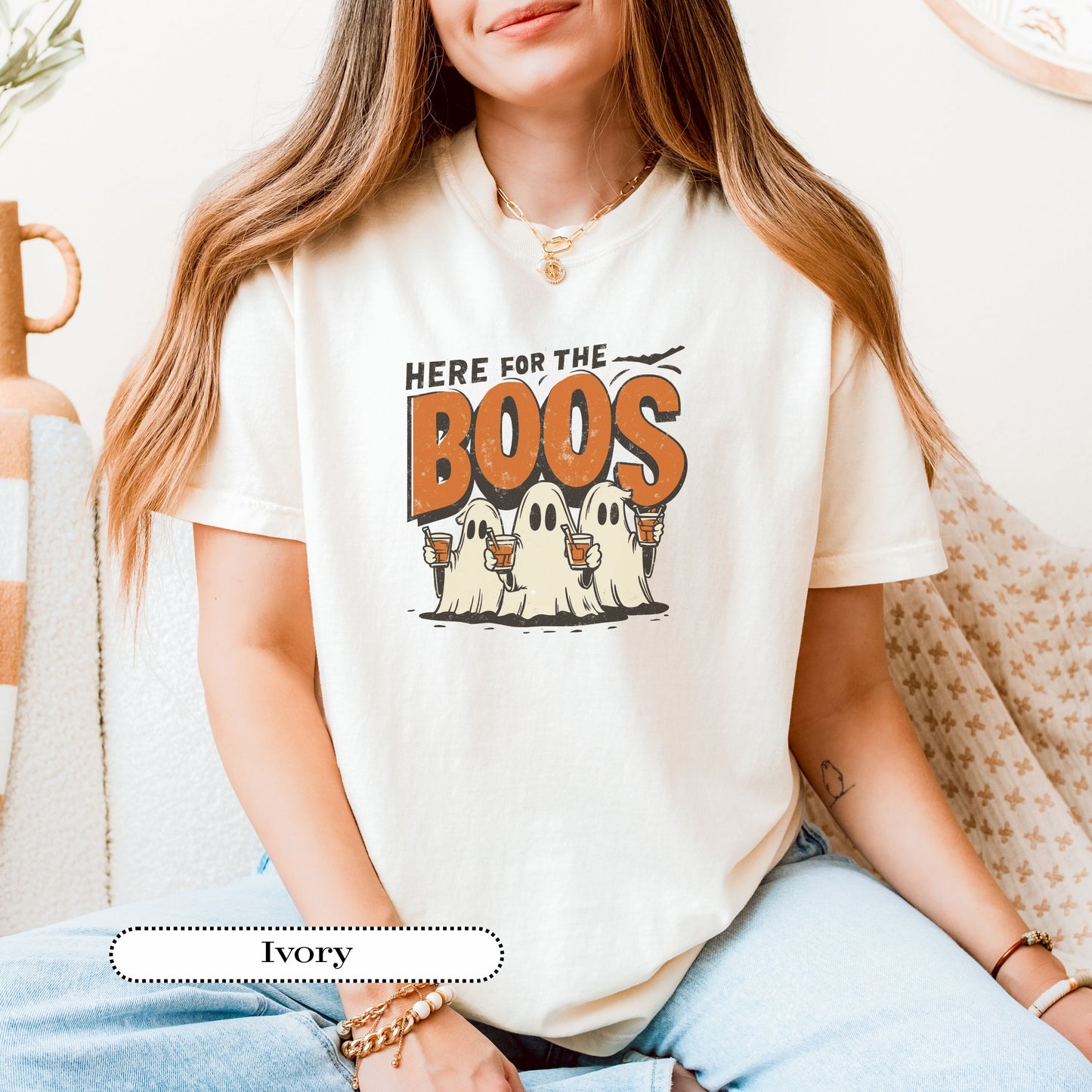Spooky season party shirt with ghosts and drinks, perfect Halloween pub crawl outfit.
