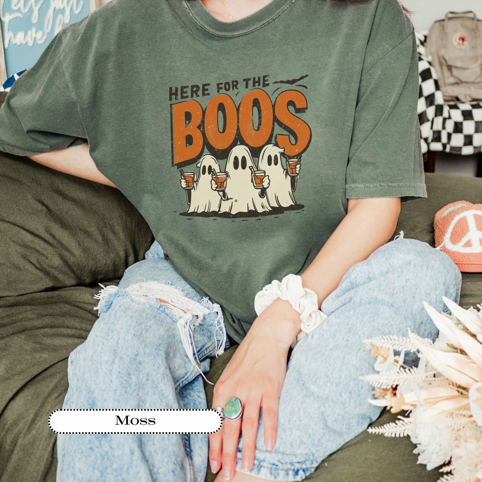Halloween gift idea, Here for the Boos shirt with funny ghost drinking graphic in retro distressed style.