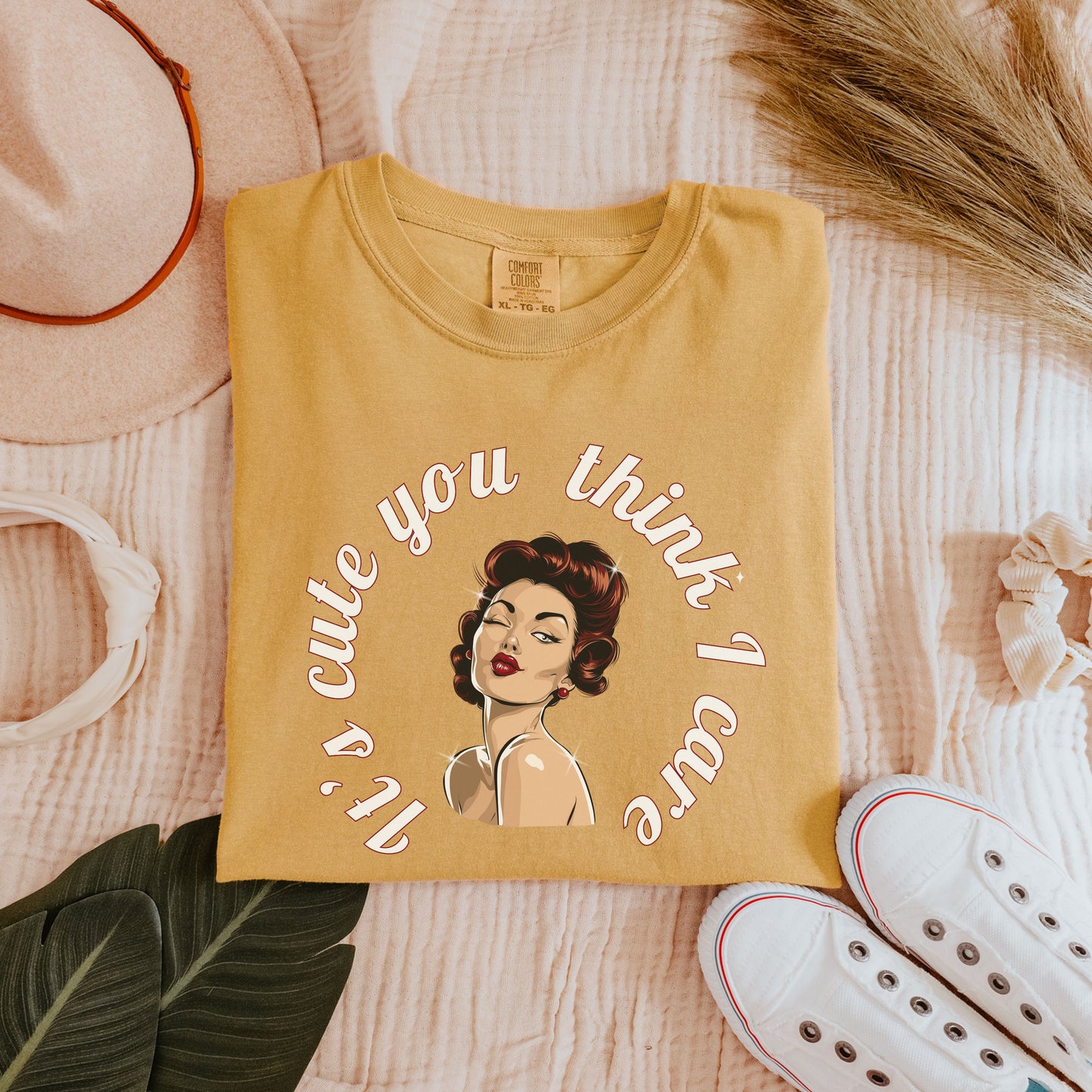 It’s Cute You Think I Care Tee – Retro Pinup Graphic Shirt, Funny Sarcastic Comfort Colors® Top, Vintage Humor Gift