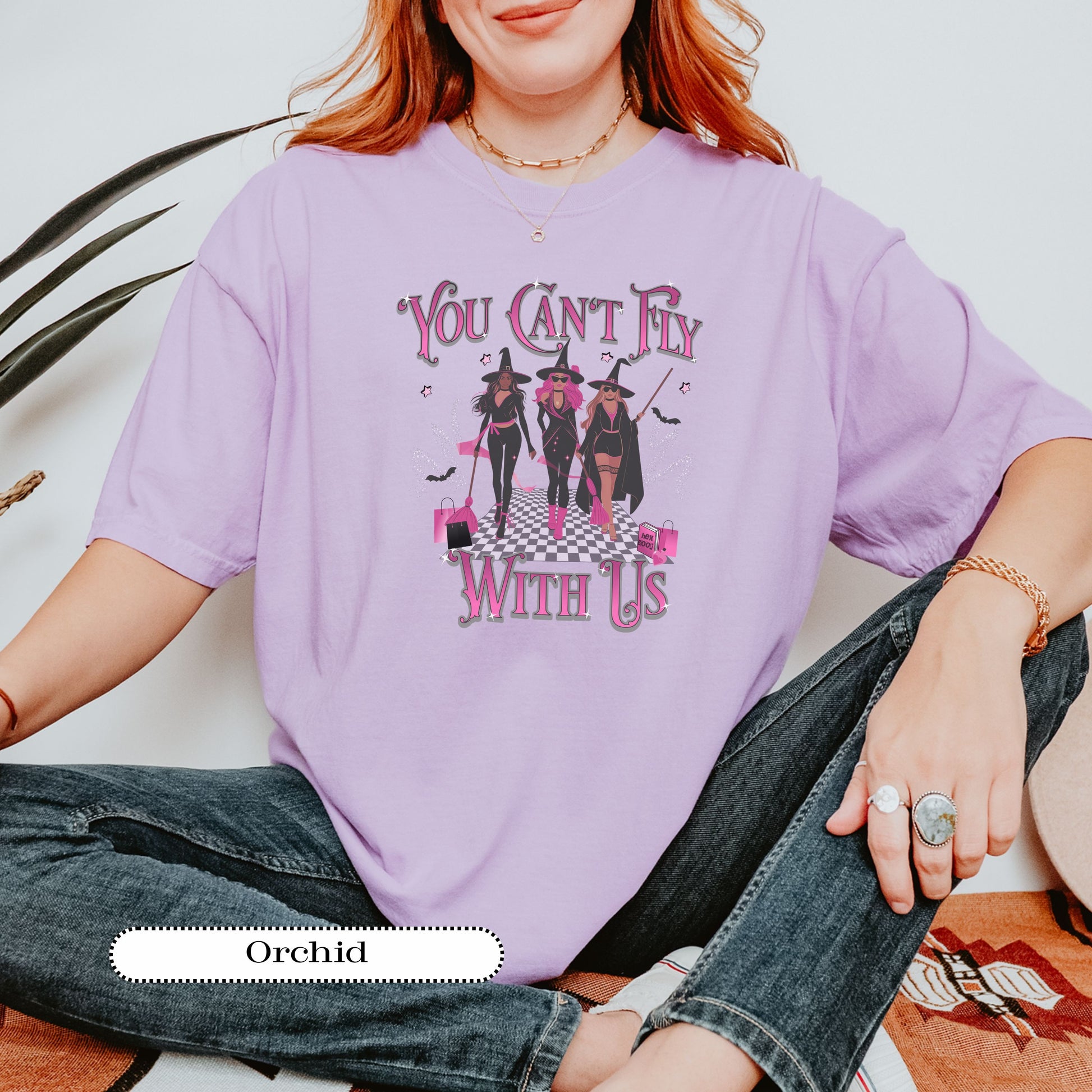 Witch besties Halloween shirt with gothic pink-and-black style and bold typography