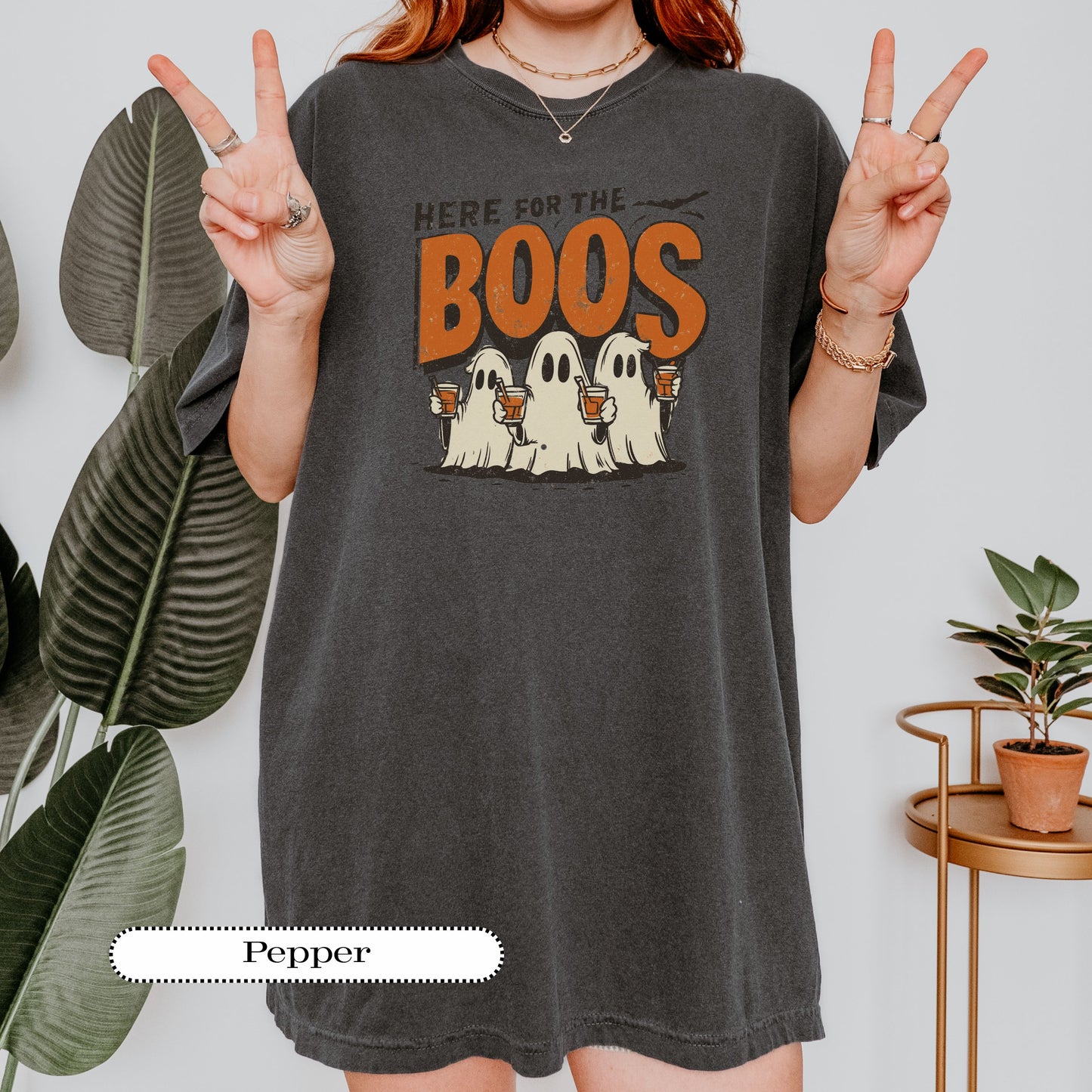 Vintage distressed Halloween tee with three ghosts drinking, spooky season style.