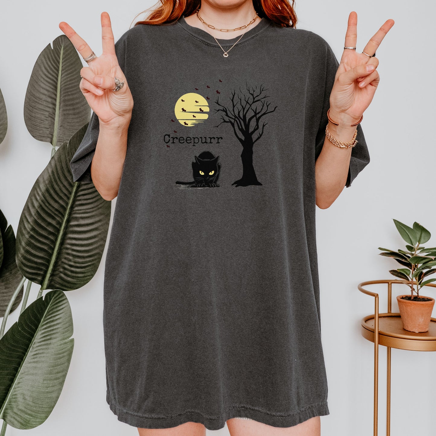 Comfort Colors tee with black cat design, spooky season shirt for gothic and dark academia fashion.