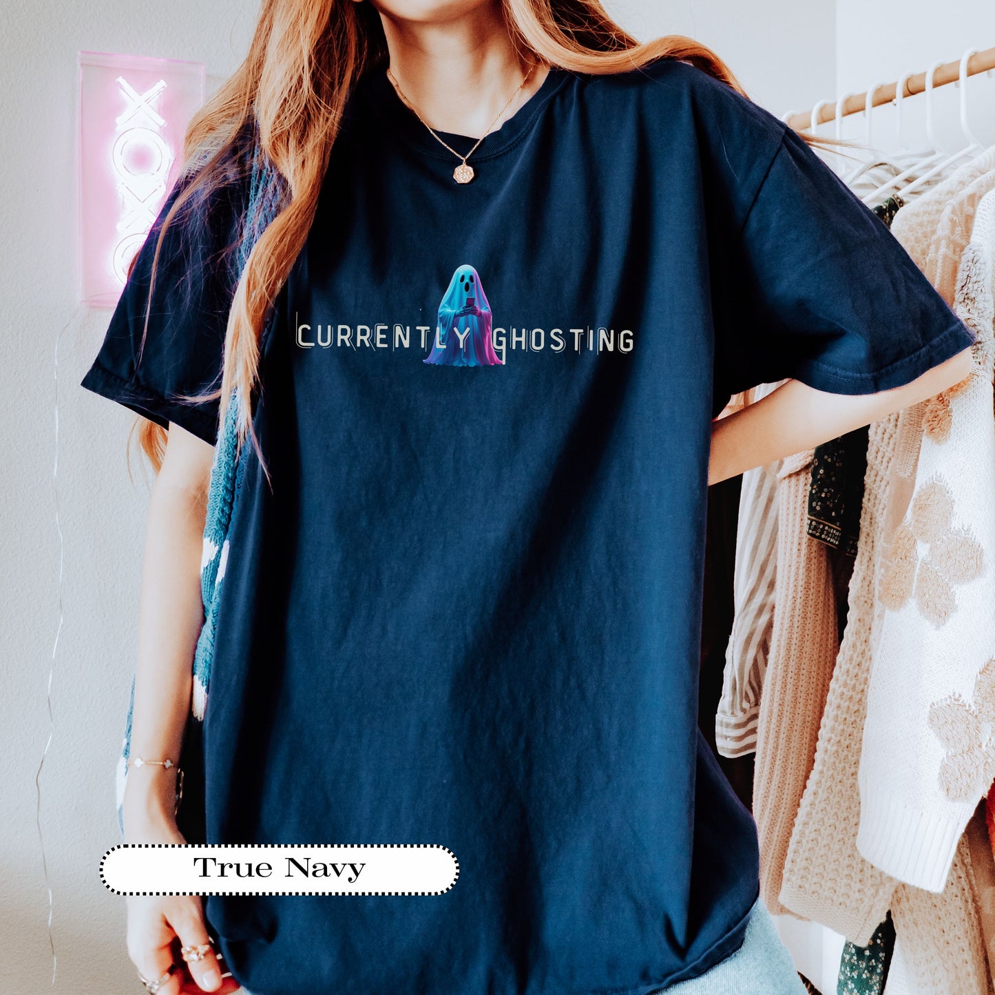 Currently Ghosting Tee – Funny Ghost Shirt for Introverts – Pastel Ghost with Phone – Spooky Cute Halloween Top