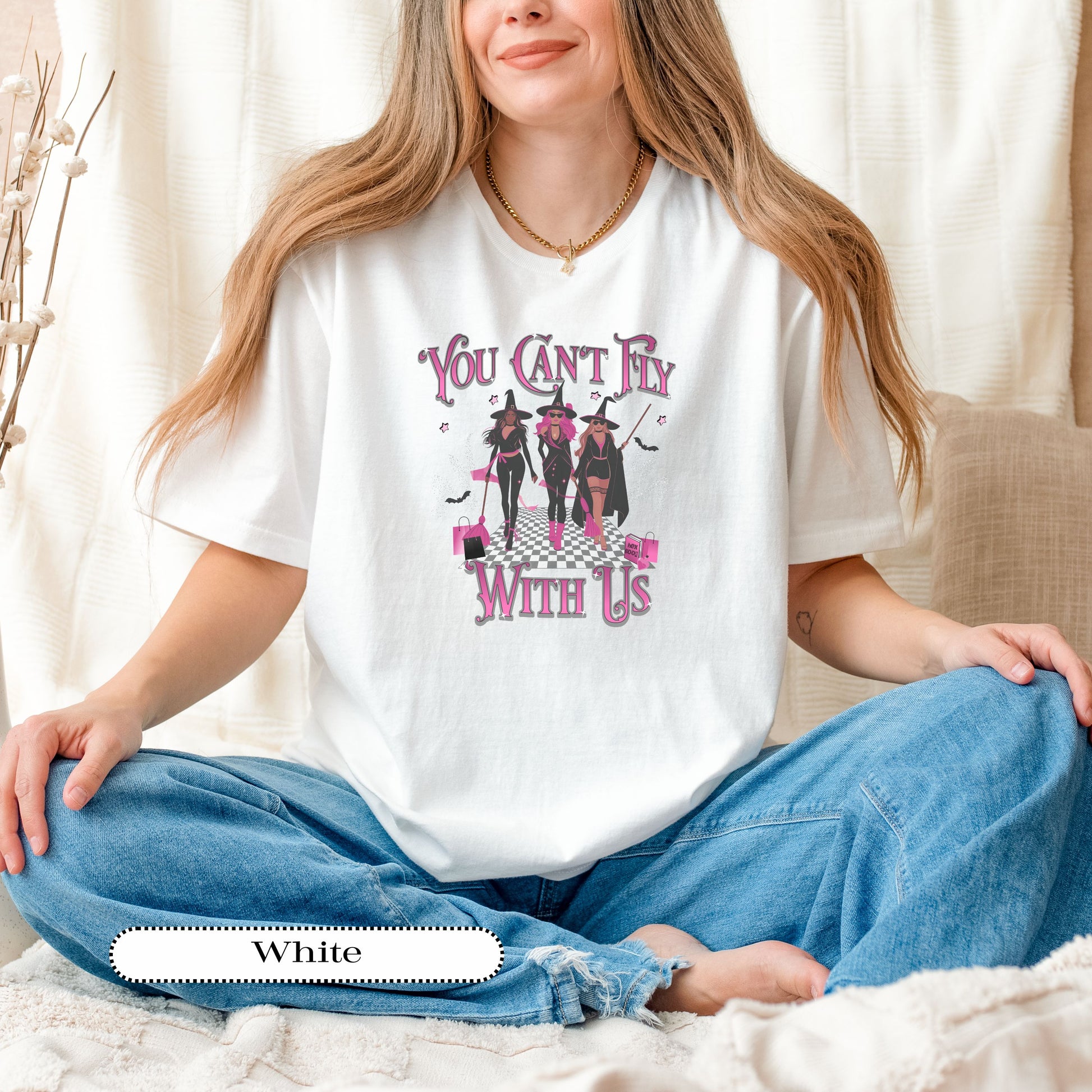 Funny spooky season tee with witches strutting like a runway squad, perfect for girl gangs