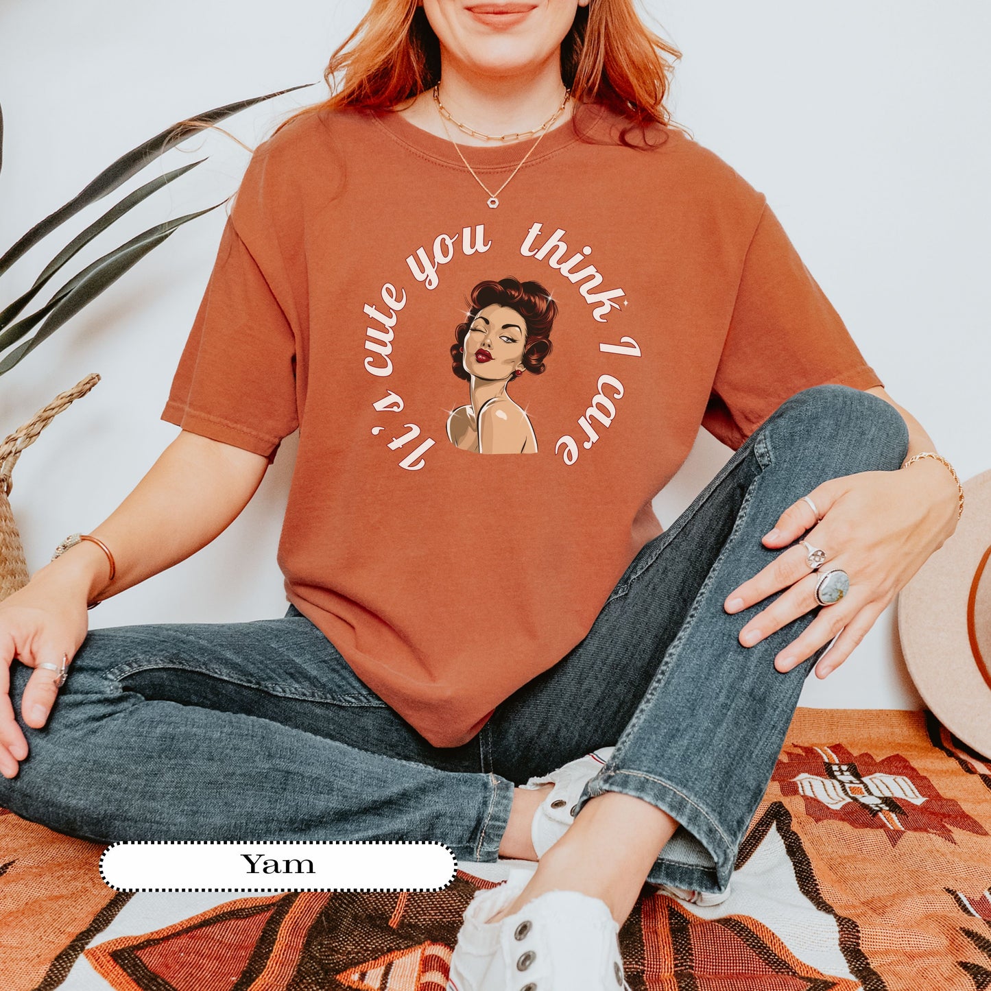 It’s Cute You Think I Care Tee – Retro Pinup Graphic Shirt, Funny Sarcastic Comfort Colors® Top, Vintage Humor Gift