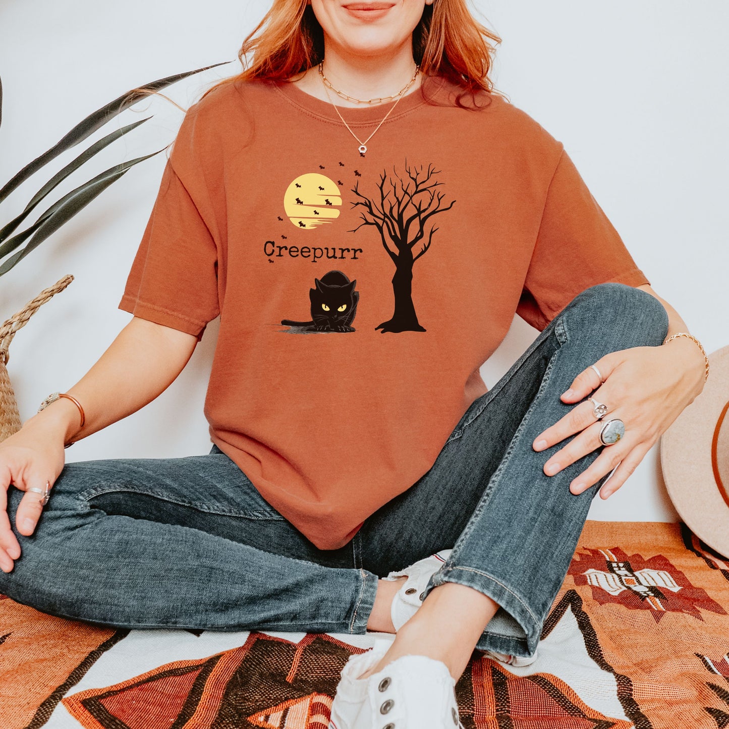 Alternative gothic fashion top, dark academia style Halloween cat graphic with full moon and bats.