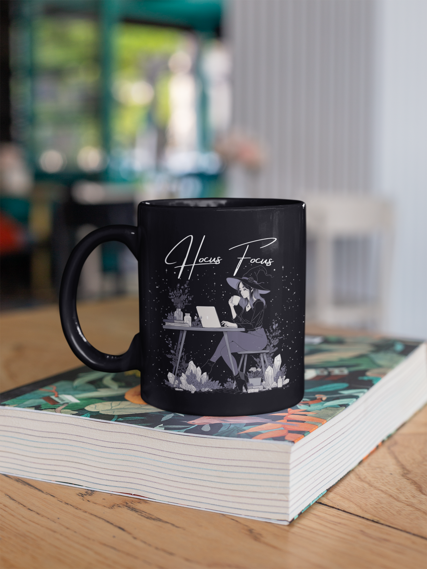 Spooky season introvert mug with crystals, coffee, and witch productivity theme