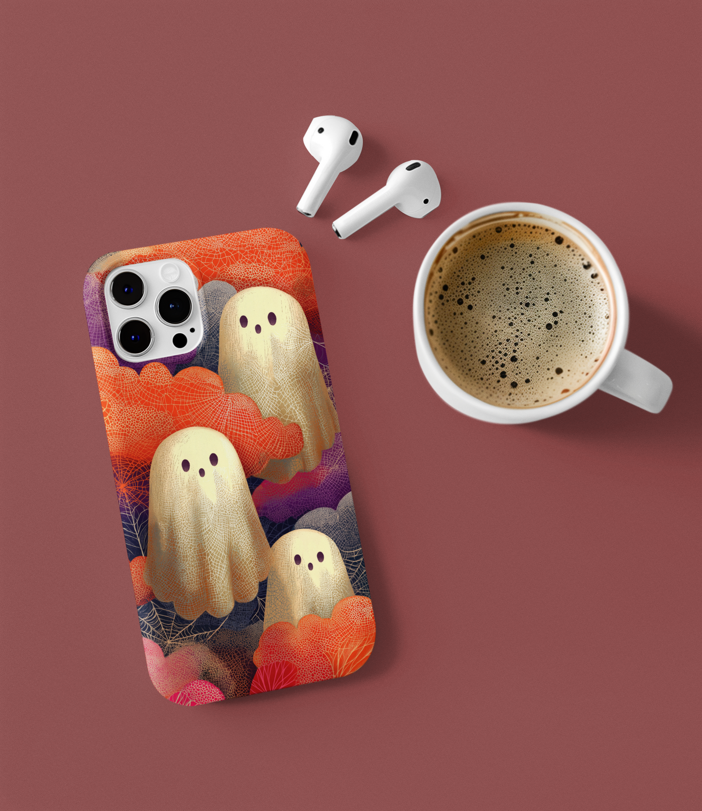 Retro ghost phone case with cobweb and neon cloud artwork