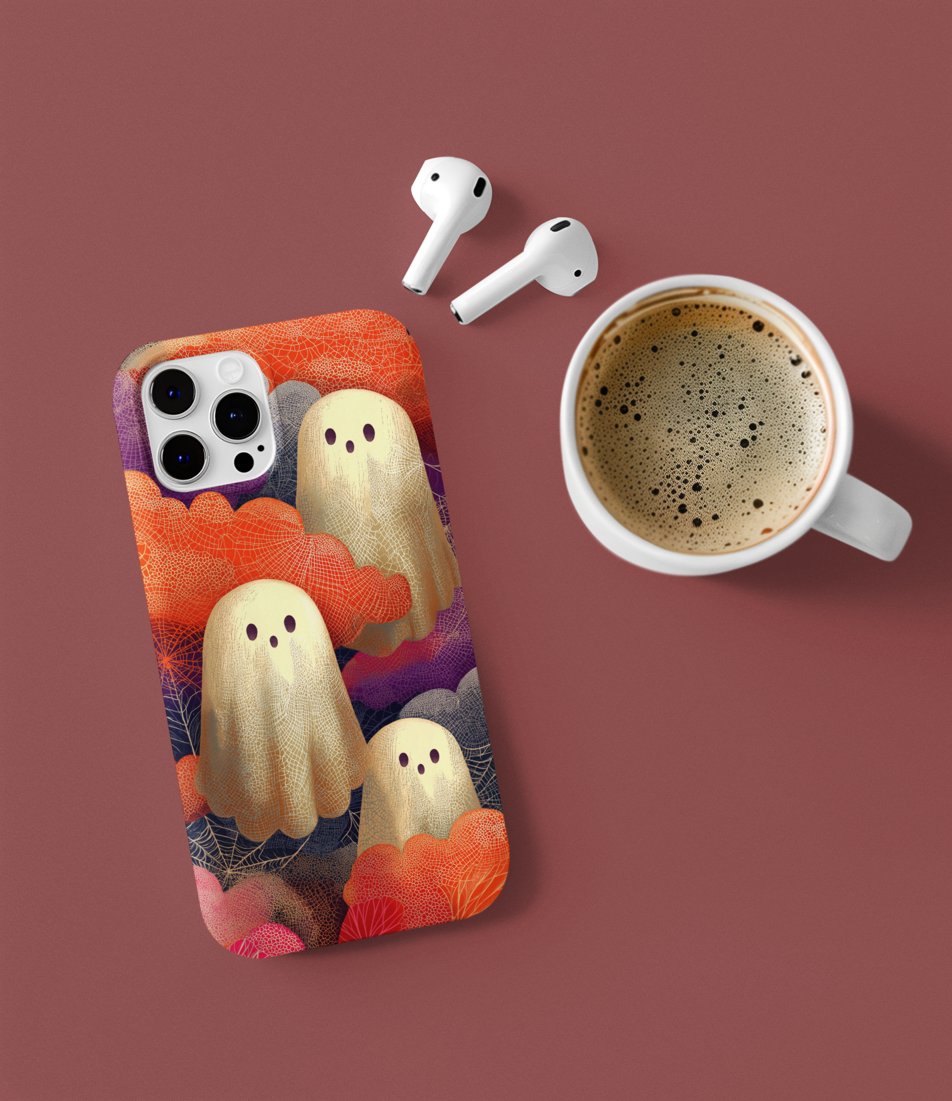 Retro ghost phone case with cobweb and neon cloud artwork