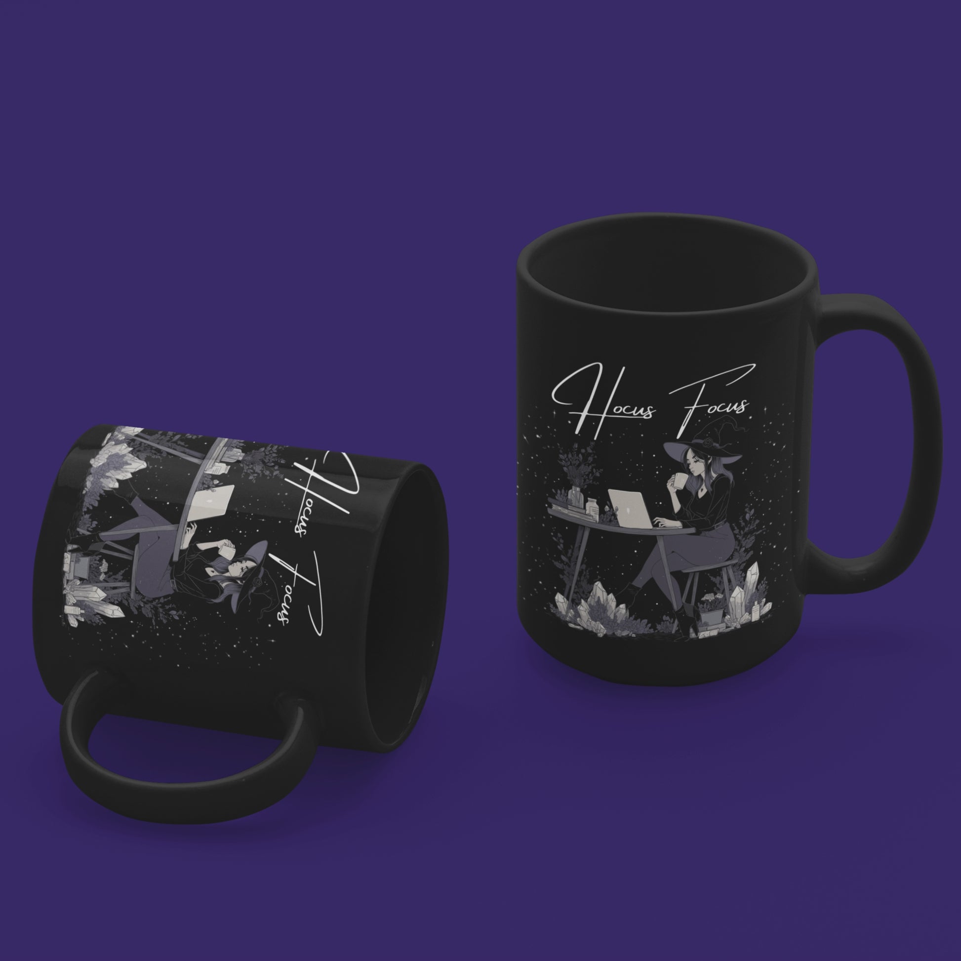 Gothic aesthetic witch mug with laptop, crystals, and magical productivity vibe