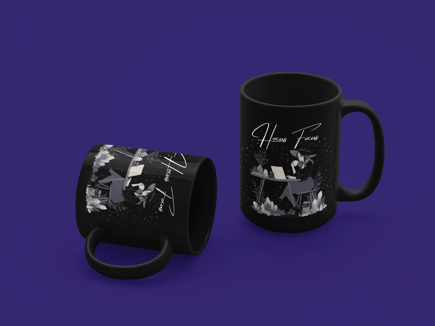 Close-up of Hocus Focus design in white and lavender print on ceramic mug